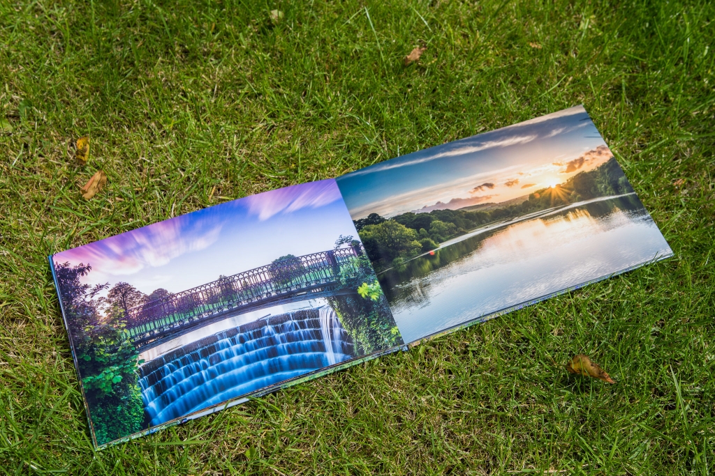 Pages with photos of a waterfall at Ripley Castle and a sunset at Lindley Wood Reservoir